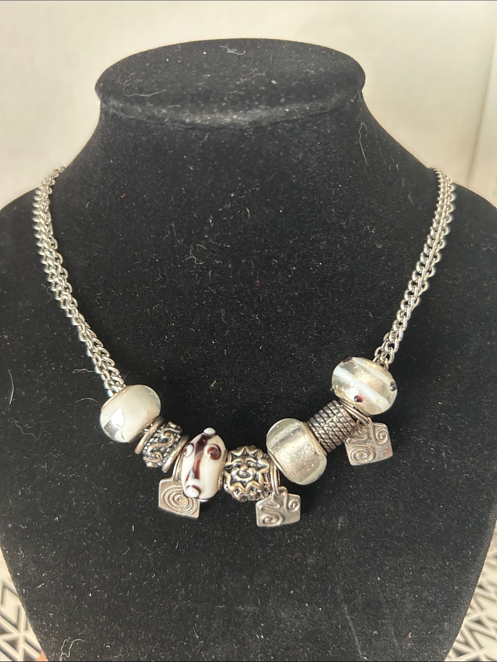 Silver-Tone Beaded Charm Necklace in Cream and Black